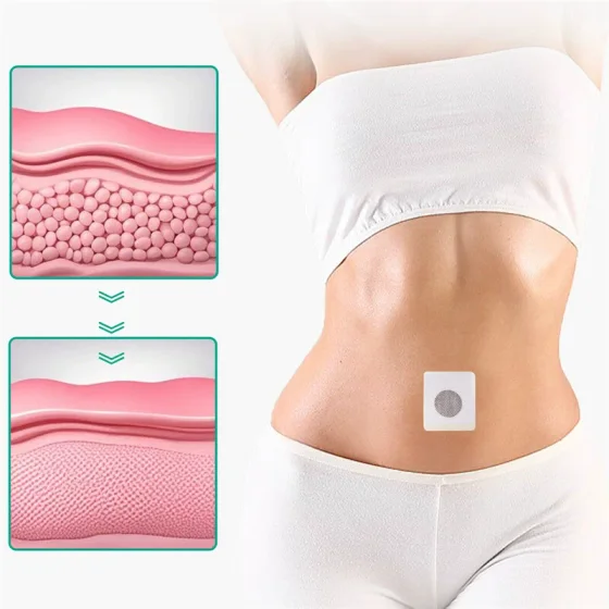 Illustration of the patch worn on the waist beside a fat-cell diagram